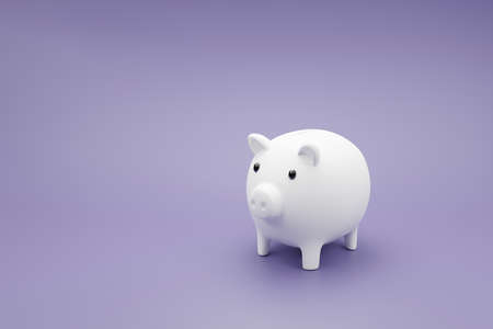 3d cartoon white piggy bank on purple background. 3D render illustration.の写真素材