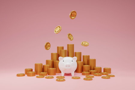 3D cartoon piggy bank with money golden coins on pink background. Business concept of saving money...