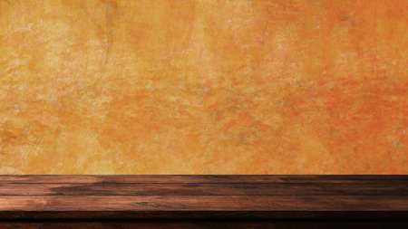 Empty wooden table with old cement wall background. Kitchen mock up for design.の写真素材