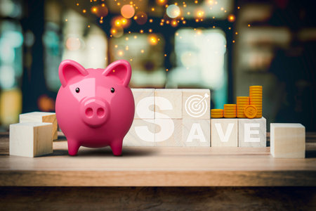 Pink piggy bank with SAVE words on wooden cube in abstract bokeh interior cafe backdrop. Business finance concept of planning, saving money wealth, financial and investment.の写真素材