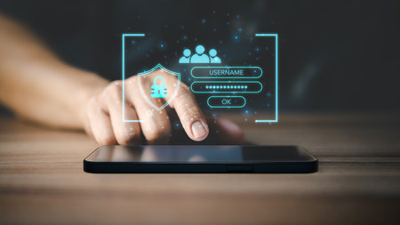 Man typing login and password on smartphone, cyber security concept, Secure encryption and access to the user's private information to access the Internet.の写真素材