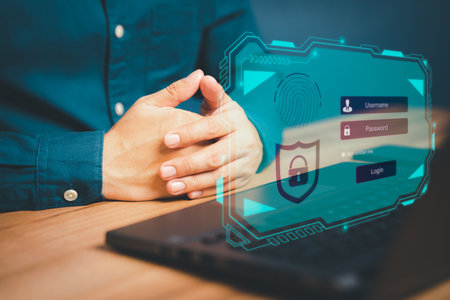 Man login with fingerprint scanning technology in the computer. Secure encryption and access to the user's private information to access the Internet.の写真素材