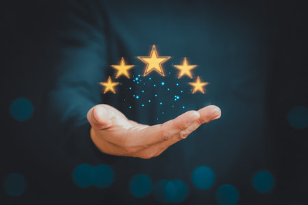 Man give positive reviews for customer satisfaction surveys, Five star rating, Customer assessment feedback, Service rating satisfaction concept.の写真素材
