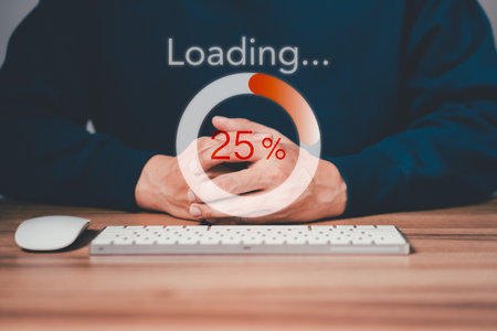 Man using a computer keyboard to download and waiting to loading digital business data form website, concept of waiting for load of loading bar.の写真素材