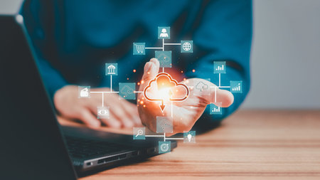 Businessman working at cloud data icon, cloud computing diagram show on hand. Cloud technology. Data...