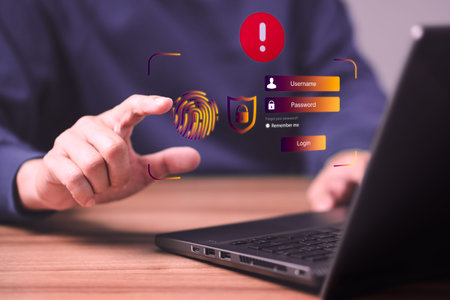 Man typing login and password, cyber security concept, Secure encryption and access to the user's...
