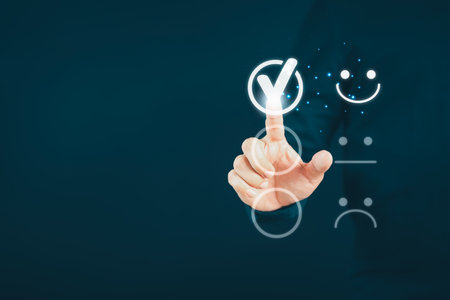 Man touching the virtual screen on the happy smiley face icon to give satisfaction in service. Rating very impressed. Customer service, testimonial satisfaction concept.の写真素材