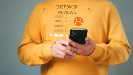 Unhappy man customer with sad emotion face on a mobile phone. Bad review and service dislike poor quality, low rating, bad social media not good. Customer experience dissatisfied and testimonial.の写真素材