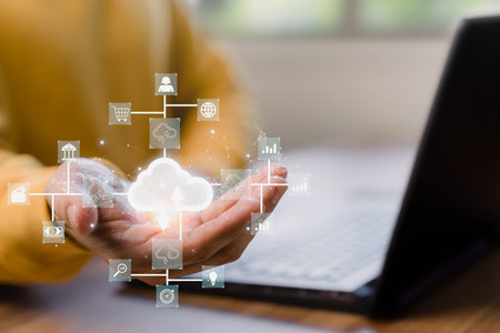 Businessman working at cloud data icon, cloud computing diagram show on hand. Cloud technology. Data...