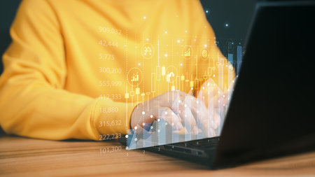 Stock Market Investment Funds and Digital Assets. Man analyzing financial data forex trading graph in home. Business finance technology and investment concept.の写真素材