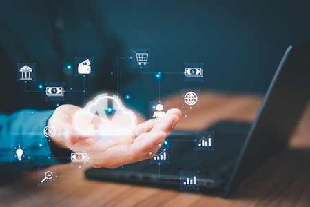 Businessman working at cloud data icon, cloud computing diagram show on hand. Cloud technology. Data storage. Networking and internet service concept.の写真素材