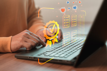 Businessman working with sign of the top service quality assurance on virtual screen. Guarantee, Standards, ISO certification and standardization concept.の写真素材