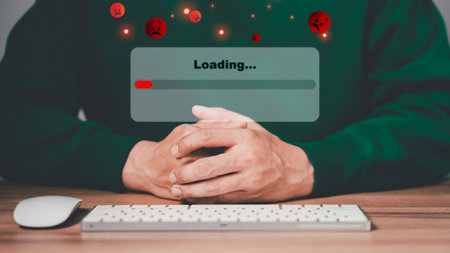 Man using a computer keyboard to download and waiting to loading digital business data form website, concept of waiting for load of loading bar.の写真素材