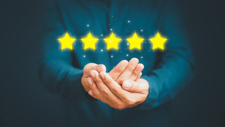 Man give positive reviews for customer satisfaction surveys, Five star rating, Customer assessment feedback, Service rating satisfaction and testimonial concept.の写真素材