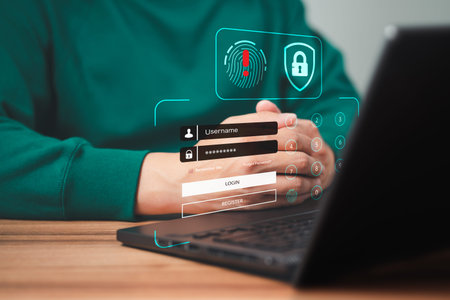 Man typing login and password, cyber security concept, Secure encryption and access to the user's...