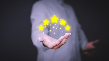 Man give positive reviews for customer satisfaction surveys, Five star rating, Customer assessment feedback, Service rating satisfaction and testimonial concept.の写真素材