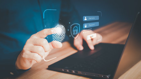 Man typing login user and password, Cyber security concept, Secure encryption and access to the user's private information to access the Internet.の写真素材