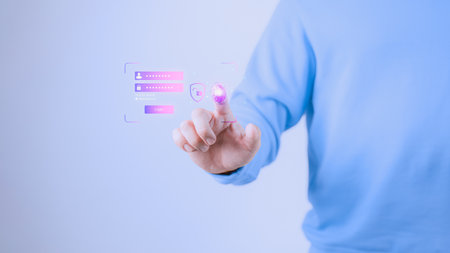 Man login with fingerprint scanning technology. Security concepts and fingerprint password control in the technology of the future.の写真素材