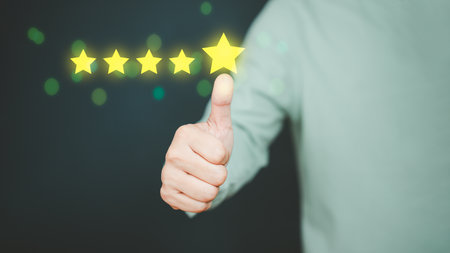 Man give positive reviews for customer satisfaction surveys, Five star rating, Customer assessment feedback, Service rating satisfaction and testimonial concept.の写真素材