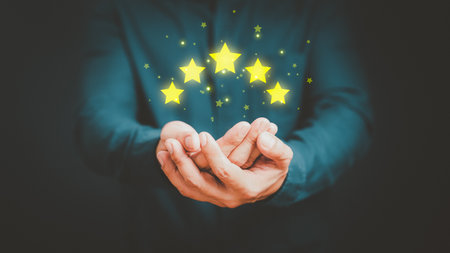 Man give positive reviews for customer satisfaction surveys, Five star rating, Customer assessment feedback, Service rating satisfaction and testimonial concept.の写真素材