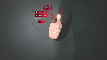Man login with fingerprint scanning technology. Security concepts and fingerprint password control in the technology of the future.の写真素材
