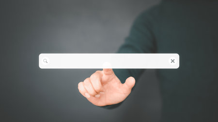 Information Search Technology SEO Search Engine Optimization. Search button on virtual screen pressed with finger for data and information. Using Search Console with your website. Web search concept.の写真素材