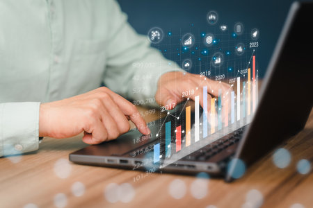 Stock market investments funds and digital assets. Businessman analysing forex trading graph financial data. Business finance technology and investment in 2023 concept. Business finance background.の写真素材