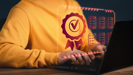 Man working with sign of the top service quality assurance on virtual screen. Guarantee, Standards, ISO certification and standardization concept.の写真素材