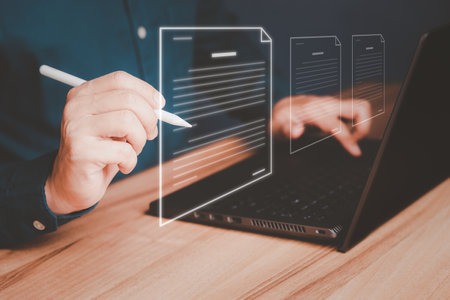 Online business contract electronic signature, electronic signing (e-signing), digital document management, paperless office, business contract signing concept.の写真素材
