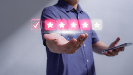 Man give positive reviews for customer satisfaction surveys, Four star rating, Customer assessment feedback, Service rating satisfaction and testimonial concept.の写真素材