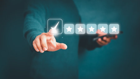 Man give positive reviews for customer satisfaction surveys, Five star rating, Customer assessment feedback, Service rating satisfaction and testimonial concept.の写真素材