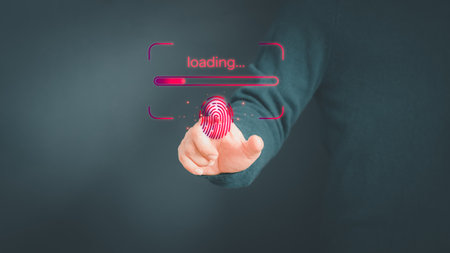 Mature man touching virtual screen loading bar with fingerprint. Concept of goal, action plan, strategy and new year business vision. New start up business.の写真素材