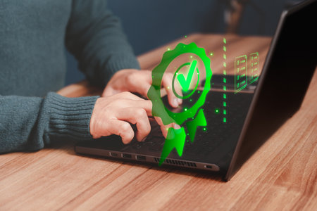 Man working with sign of the top service quality assurance on virtual screen. Guarantee, Standards, ISO certification and standardization concept.の写真素材