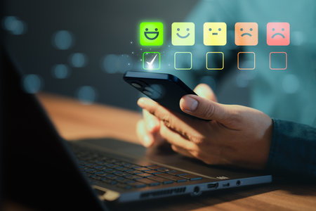 Man using a mobile phone or smartphone in give rating to service experience on application. Online customer review satisfaction feedback survey and testimonial.の写真素材