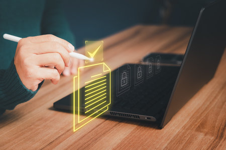 Online business contract electronic signature, electronic signing (e-signing), digital document management, paperless office, business contract signing concept.の写真素材