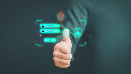 Man login with fingerprint scanning technology. Security concepts and fingerprint password control in the technology of the future. Exclamation mark.の写真素材