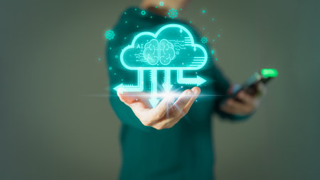 Man holding virtual cloud computing diagram show on hand. Business global internet connection application technology, digital marketing and data storage. Networking and internet service concept.の写真素材