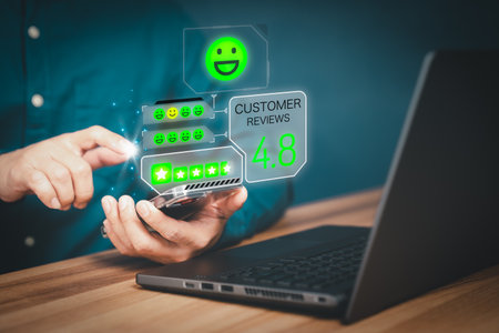 Man using a mobile phone or smartphone in give rating to service experience assessment on application. Online customer review satisfaction feedback survey and testimonial.の写真素材