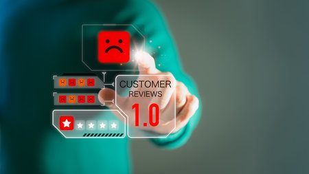 Man give negative reviews for customer satisfaction surveys. One star rating assessment for testimonial, customer evaluation feedback, service rating satisfaction and certification concept.の写真素材
