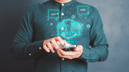 Chat with AI, Artificial Intelligence. Adult man chatting with a smart AI or artificial intelligence using an artificial intelligence chatbot developed, Futuristic technology transformation.の写真素材
