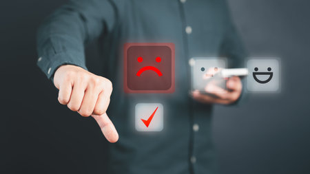Man give negative reviews for customer satisfaction surveys. Bad rating assessment for testimonial,...