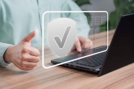 Man touching the virtual screen assessment sign of the top service quality assurance. Guarantee, Standard, ISO certification and standardization concept.の写真素材