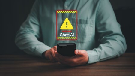 Chat with AI, Artificial Intelligence. Adult man using smartphone chatting with a smart AI using an artificial intelligence chatbot with triangle caution warning sign for notification error concept.の写真素材