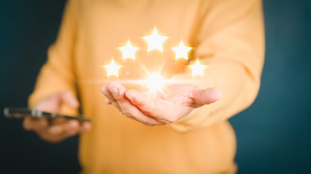 Man give positive reviews for customer satisfaction surveys, Five star rating, Customer assessment...