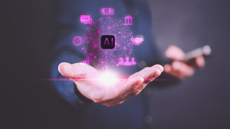 Businessman using technology smart robot AI, artificial intelligence by enter command prompt for generates something. Financial management, smart industry, chat, bank, Ai technology, cloud computing.の写真素材