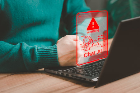 Young man using laptop chatting with a smart AI using an artificial intelligence chatbot with triangle caution warning sign for notification error concept. Chat with AI, Artificial Intelligence.の写真素材