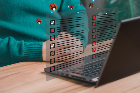 Man using a laptop with virtual screen contact questionnaire with checkboxes. Fill out application form, online exam, quiz knowledge and online learning. Assessment knowledge test concept.の写真素材