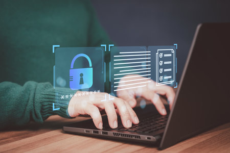 Man typing login the computer laptop. Secure encryption and access to the user's private information to access the internet. Cyber security and data protection from hackers, the digital crime concept.の写真素材