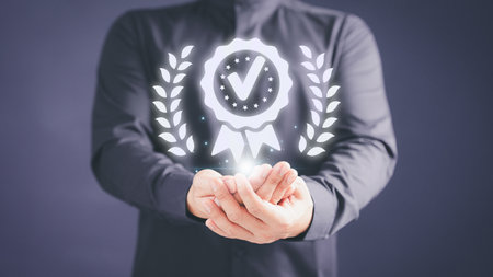 Guarantee, warranty, standard, ISO certification assessment and testimonial concept. Adult man showing the best quality assurance with golden five stars. Quality assurance of business services.の写真素材