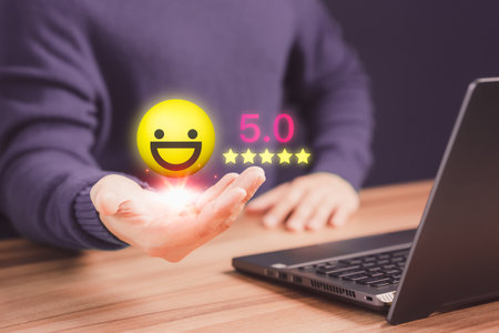 Client man's hand showing a happy smiling face with 5 stars. Customer service best business rating experience. Assessment and testimonial positive review and feedback satisfaction survey concept.の写真素材